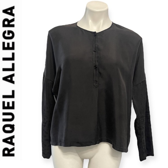 Raquel Allegra Henley Blouse Black 0 Oversized Slouchy Boxy Oriental Print Top - Picture 3 of 15